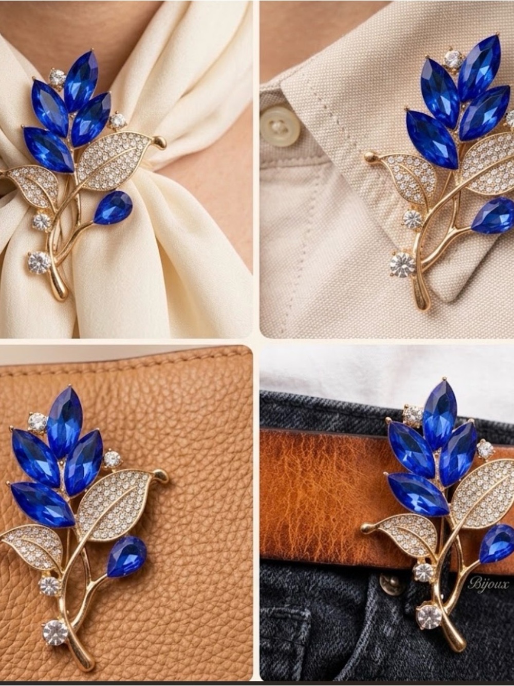 Regal Sapphire Blue Crystal Olive Branch Brooch- Vintage Style Luck & Victory